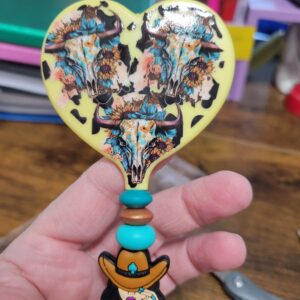 Yellow Handheld Heart Mirror with Western Cow