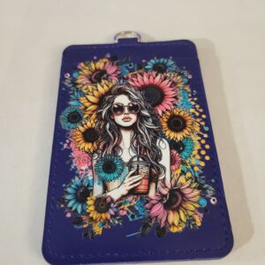 Navy Soft Cover ID Holder with Girl and Flowers