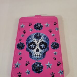 Pink Soft Cover ID Holder with Blue Skull