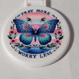 White Compact Mirror with Butterfly Pray More Worry Less