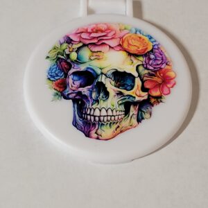 White Compact Mirror with Skull and Flowers