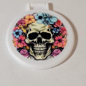 White Compact Mirror with Skull and Flowers