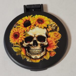 Black Compact Mirror with Skull and Sunflowers