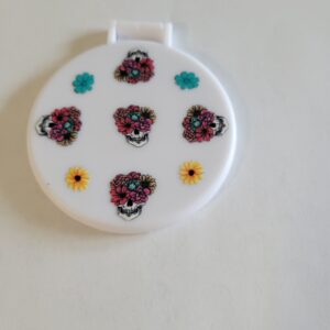 White Compact Mirror with Skulls and Flowers