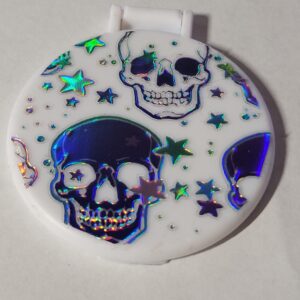White Compact Mirror with Silver Skulls