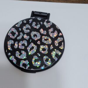 Black Compact Mirror with Silver Leopard Spots