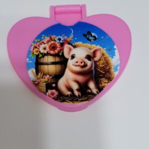 Pink Heart Compact Mirror with Pig