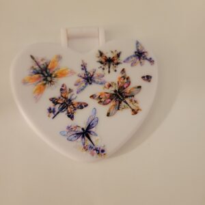 White Heart Compact Mirror with Dragonflies