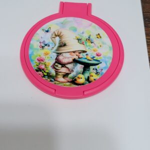 Pink Compact Mirror with Flowers and Gnome
