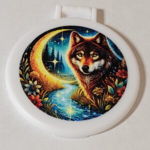 White Compact Mirror with Pink Moon and Wolf