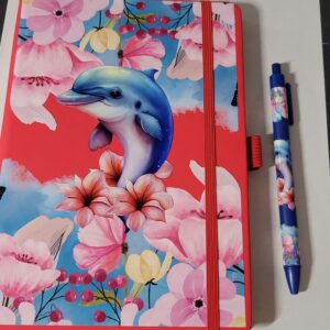Red Leather Notebook with Dolphin and Blue Pen