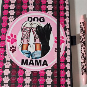 Black Leather Notebook with Dog Mama and Pink Pen