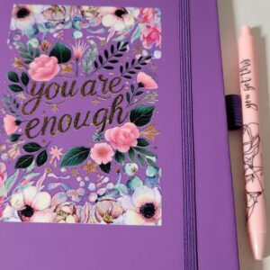 Purple Leather Notebook with Flowers and Pink Pen