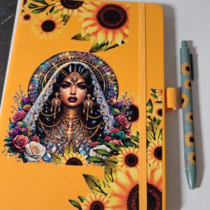 Yellow Leather Notebook with Sunflowers and Purple Pen