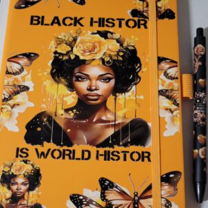Orange Leather Notebook with Lady and Flowers with Black Pen