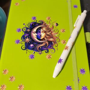 Green Leather Notebook with Sun and Moon and White Pen