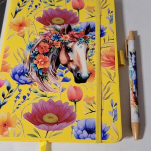 Yellow Leather Notebook with Horse and Flowers and Pink Pen