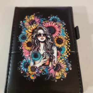 Small Black Leather Notebook with Girl and Flowers and Silver Pen