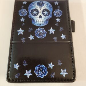 Small Black Leather Notebook with Blue Skull and Silver Pen