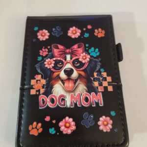 Small Black Leather Notebook with Dog Mom Dog and Silver Pen