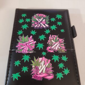 Small Black Leather Notebook with Weed Leaves and Silver Pen