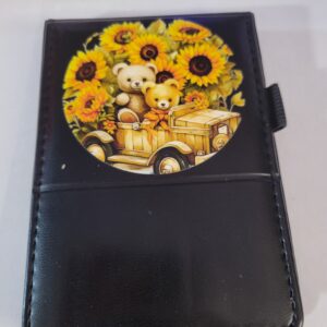 Small Black Leather Notebook with Sunflowers and Bears and Silver Pen