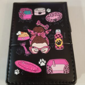 Small Black Leather Notebook with Dog Mom and Silver Pen