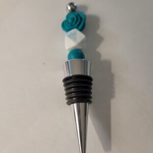 Silver and Black Wine Cork with Teal Rose