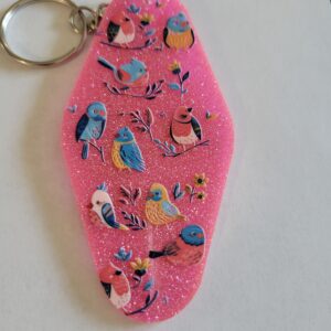 Pink Acrylic Motel Keychain with Birds