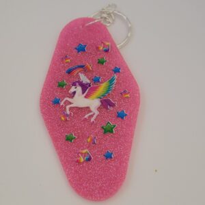 Pink Acrylic Motel Keychain with Unicorn