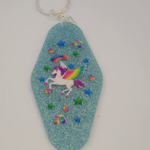 Blue Acrylic Motel Keychain with Unicorn