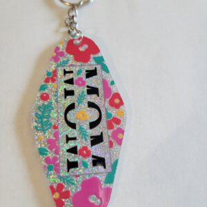 Silver Acrylic Motel Keychain with Flowers and Mom