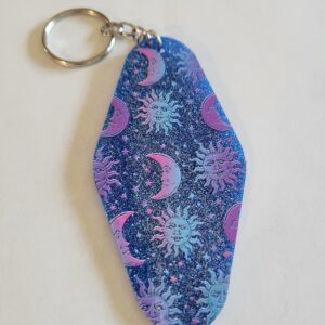 Blue Acrylic Motel Keychain with Moon and Stars