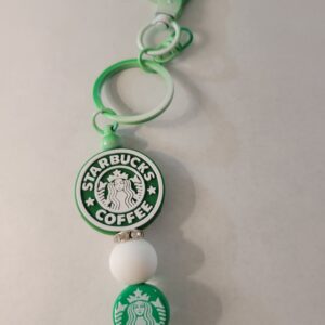 Green and White Beaded Keychain with SB