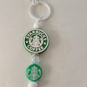 Green and White Beaded Keychain with SB