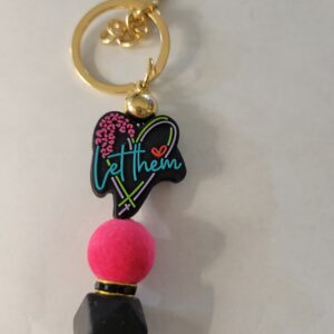 Pink and Black Beaded Keychain with Heart