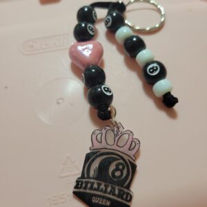 Black and White Billard 8 Ball Beaded Keychain with Eight Ball and Crown