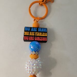 Blue, White and Orange Beaded Keychain with Saying