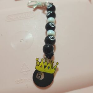 White Billard 8 Ball Beaded Keychain with Eight Ball and Crown