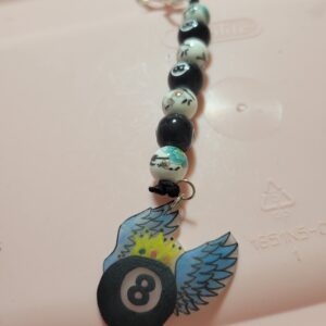 Blue and White Billard 8 Ball Beaded Keychain with Eight Ball and Wings