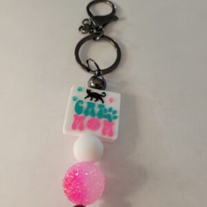 Pink and White Beaded Keychain with Pink Cat Mom