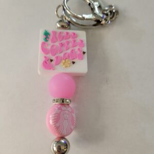 Pink and White Beaded Keychain with Pink SB