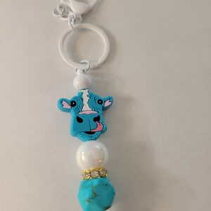 Blue and White Beaded Keychain with Cow