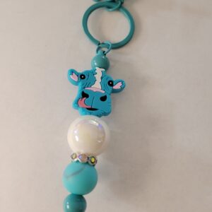 Blue and White Beaded Keychain with Cow