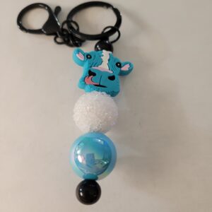 Blue and White Beaded Keychain with Cow