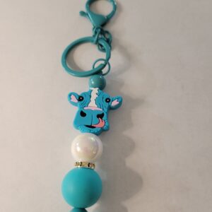 Blue and White Beaded Keychain with Cow
