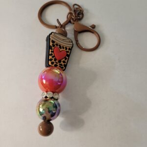 Red and Leopard Beaded Keychain with Coffee Cup