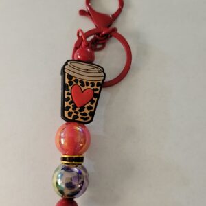 Red and Leopard Beaded Keychain with Coffee Cup