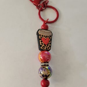 Red and Leopard Beaded Keychain with Coffee Cup