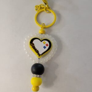 Yellow, White and Black Beaded Keychain with Steelers Heart